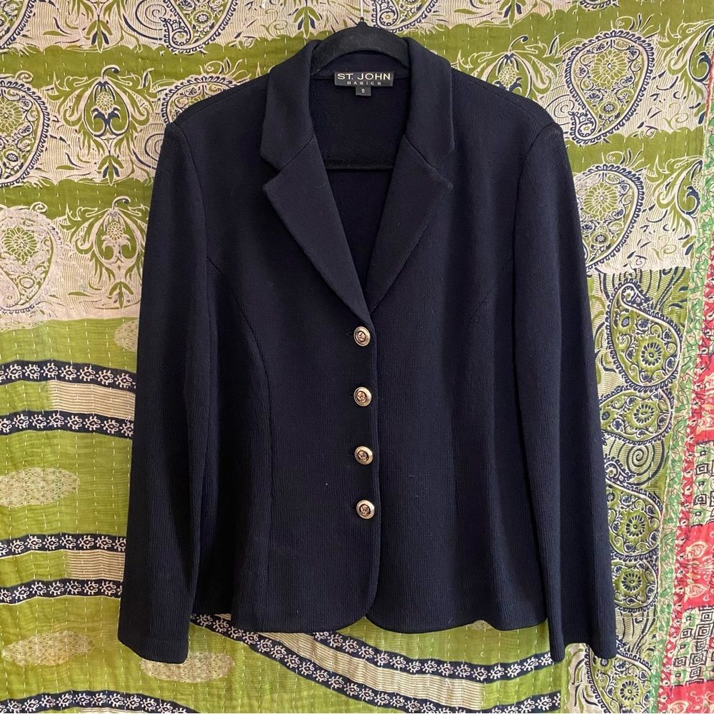 2002 St. John Basics Black Santana Knit Wool Blend Fitted Blazer Jacket Size 8